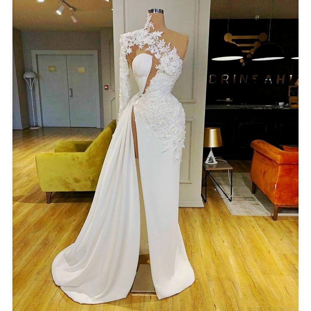 White Evening Dresses Long Lace Applique Mermaid Elegant Modest Evening ...