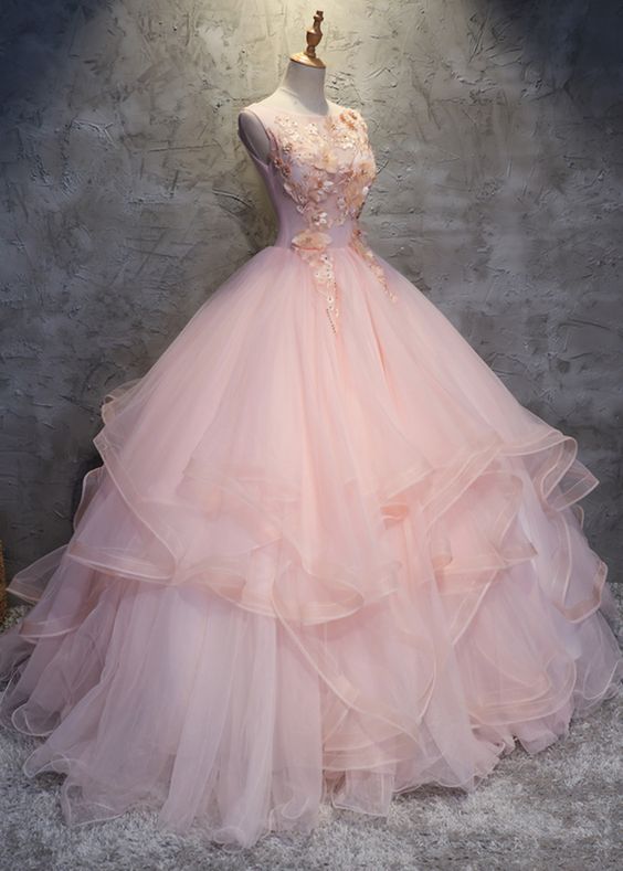 Pink Tulle Puffy O Neck Long Prom Gown With Lace Appliques M744 on Luulla