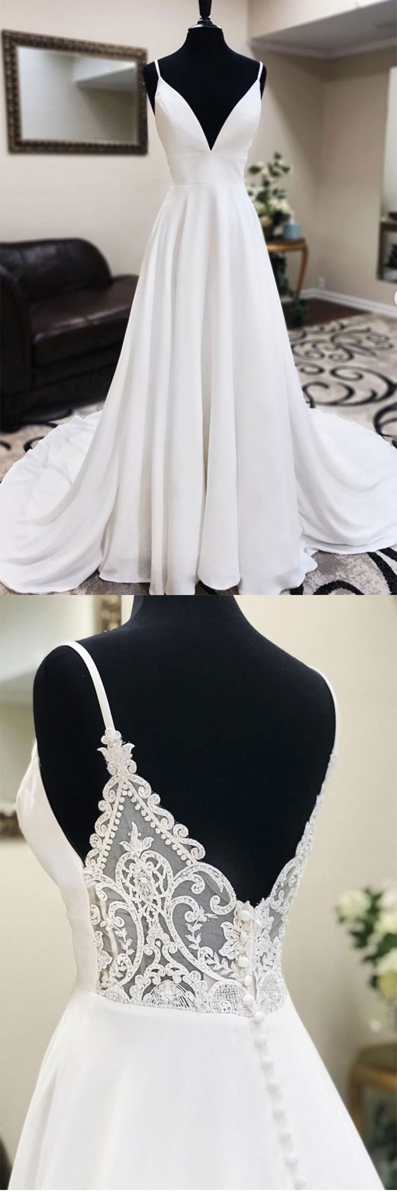 Simple white v neck chiffon prom dress white tulle formal dress