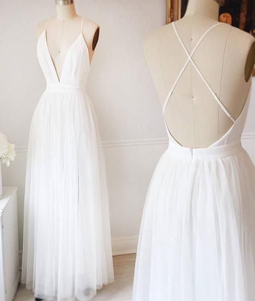 SIMPLE WHITE V NECK TULLE LONG PROM DRESS WHITE TULLE FORMAL DRESS   cg14016 main image 0