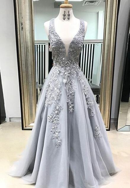 Deep V Neck Lace Prom Dresses With Slit LBQ1214 main image 1