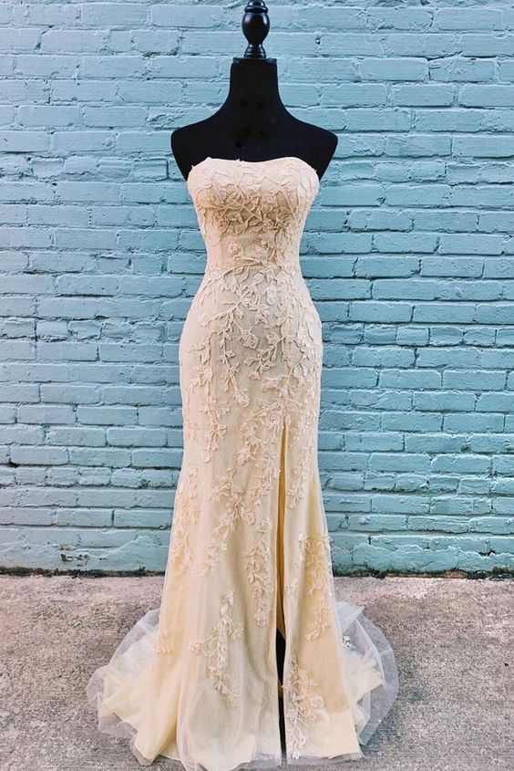 Lace And Chiffon Long Dress with Slit Gold