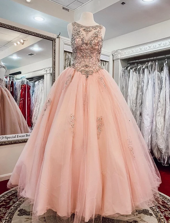 Ball Gown Pink Prom Dress Plus Size Beading Tulle Prom Dress M1265 on ...