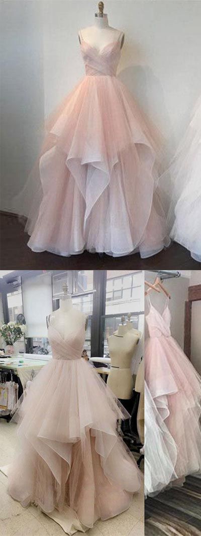 Modest Light Pink Spaghetti Straps Long Tulle Prom Dress M1385 on Luulla
