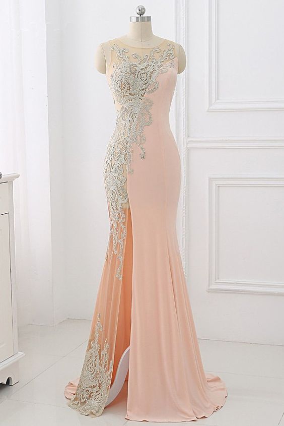 Pink Illusion Mermaid Evening Dress, Side Seam Prom Dress With Applique ...