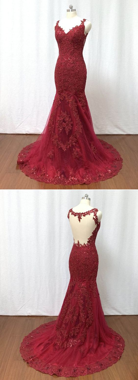 Mermaid Lace Long Prom Dress Burgundy Tulle Evening Dress PO362 main image 1