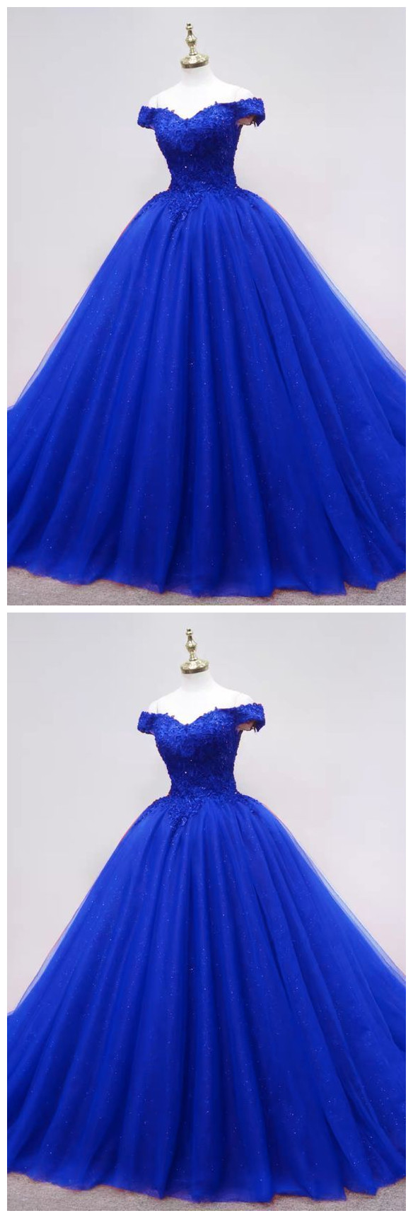 Wedding Royal Blue Tulle Ball Gown Appliques Off The Shoulder ...