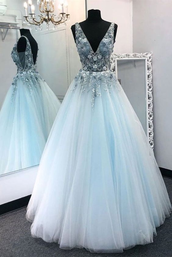 V Neck Appliques Blue Lace Long Prom Dress, Floral Blue Lace Formal ...