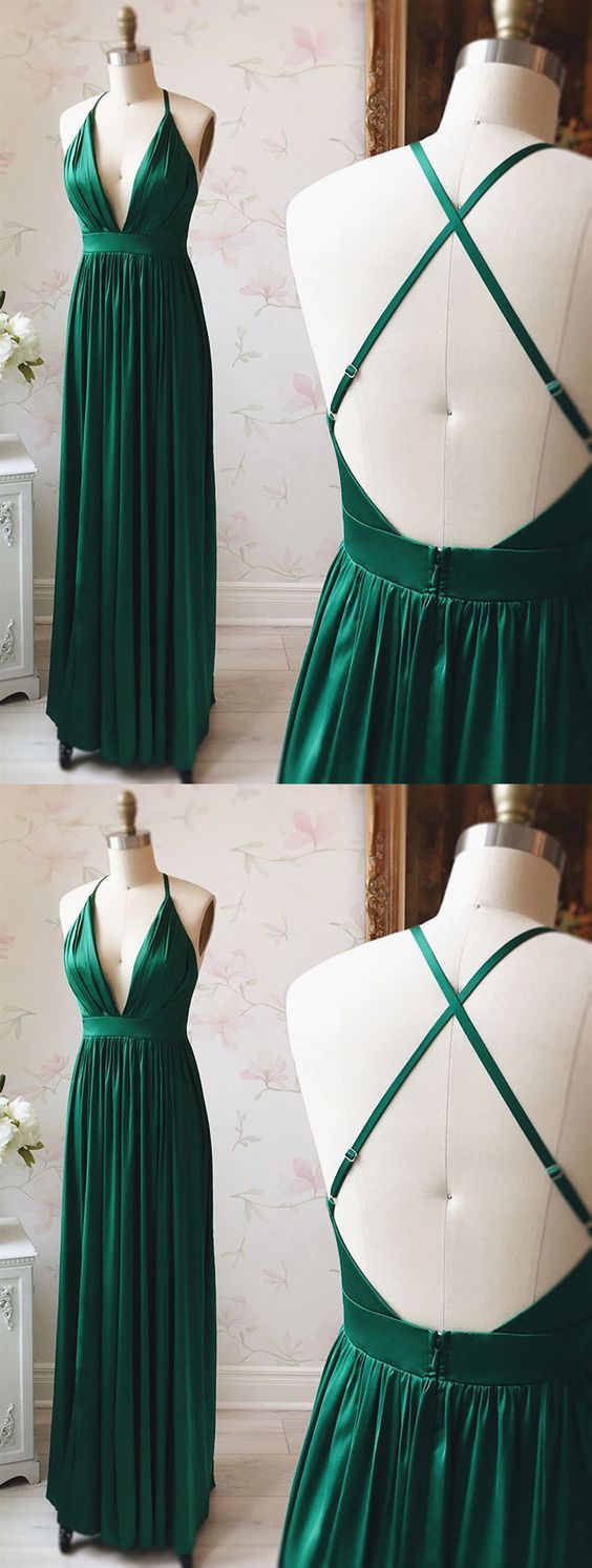 A Line V Neck Emerald Green Backless Prom Dresses,emerald Green