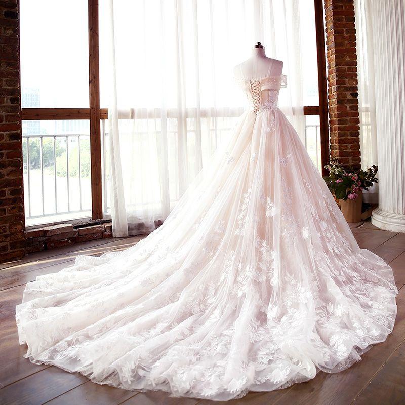 Luxury Champagne Lace Off Shoulders Poofy Ball Gown For Wedding Puffy ...