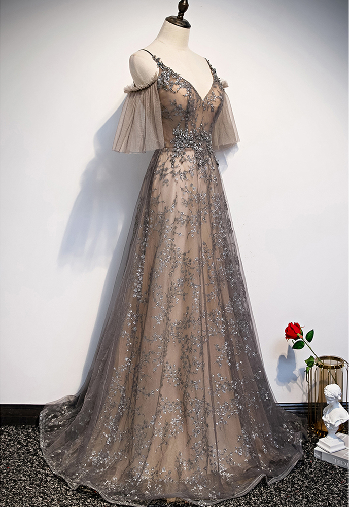 Taupe Straps V-Neck Long Prom Dress