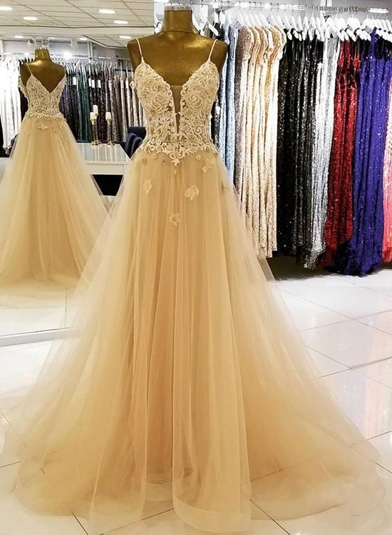 LIGHT CHAMPAGNE TULLE LACE LONG SWEET 16 DRESS, TULLE FORMAL DRESS,DS4473