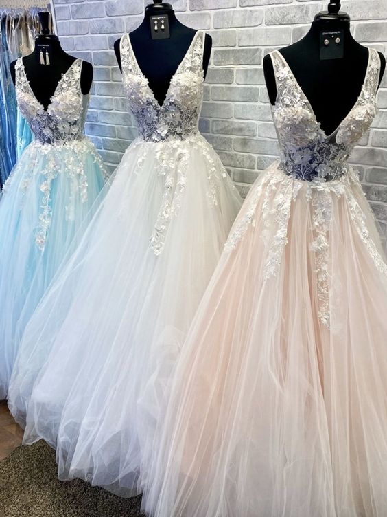 A-line V Neck Tulle Lace Prom Dress Senior Prom Gown Y311 main image 1