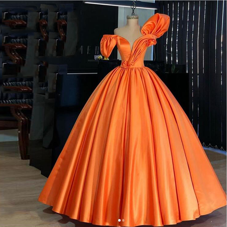 Orange Satin Puffy Prom Dresses Vintage Pleated 3D Flower Long Prom ...