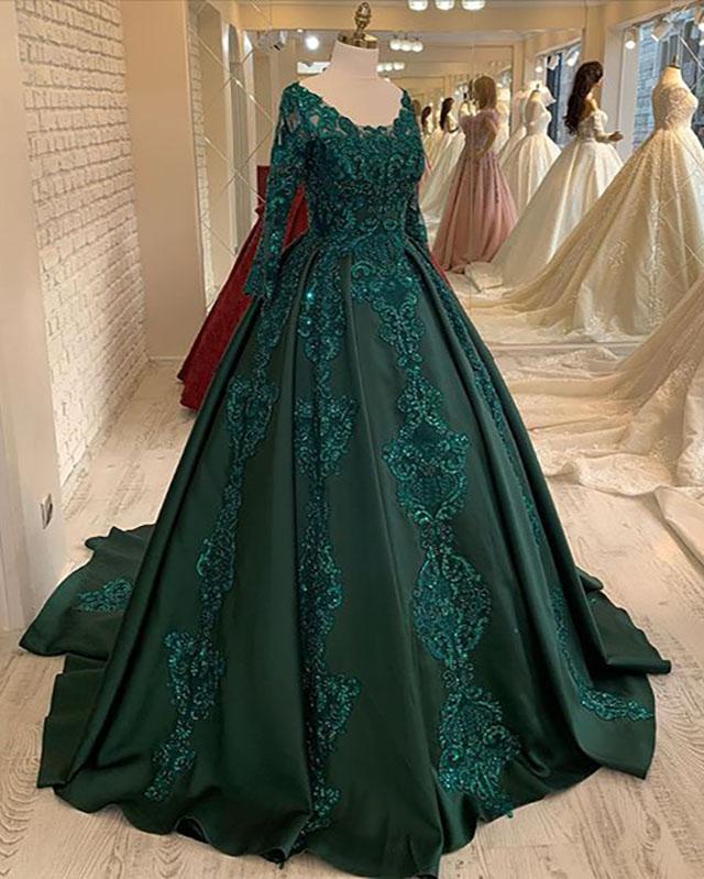 Long Sleeves Green Wedding Dress Ball Gown Prom Dress M3037 on Luulla