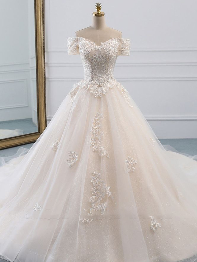 Affordable Off-the-shoulder White Tulle Lace Wedding Dress Sweetheart ...