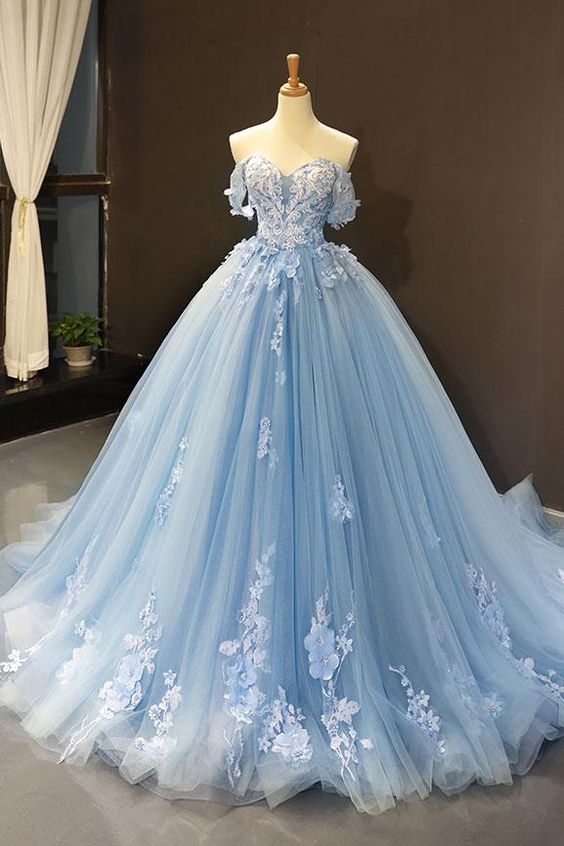 Sweetheart Off Shoulder Prom Dresses,flowers Applique Ball Gowns,blue ...
