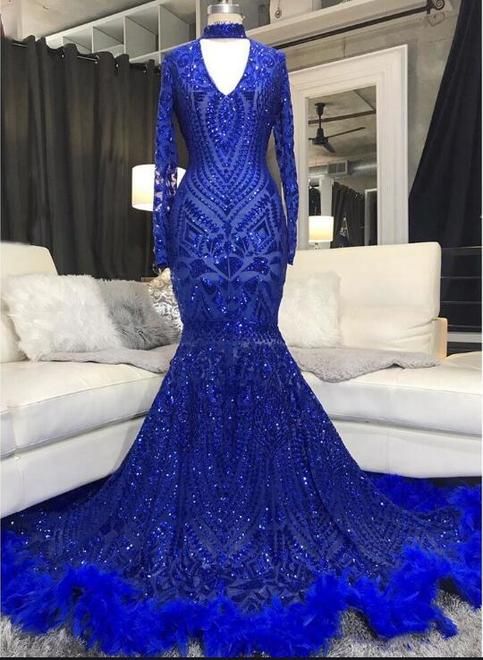 Royal Blue Sequins Prom Dress with Mermaid Bottom and Flower Details