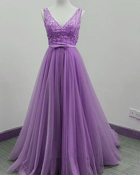 A Line V Neck Purple Beadings Tulle Prom Dresses LBQ2715