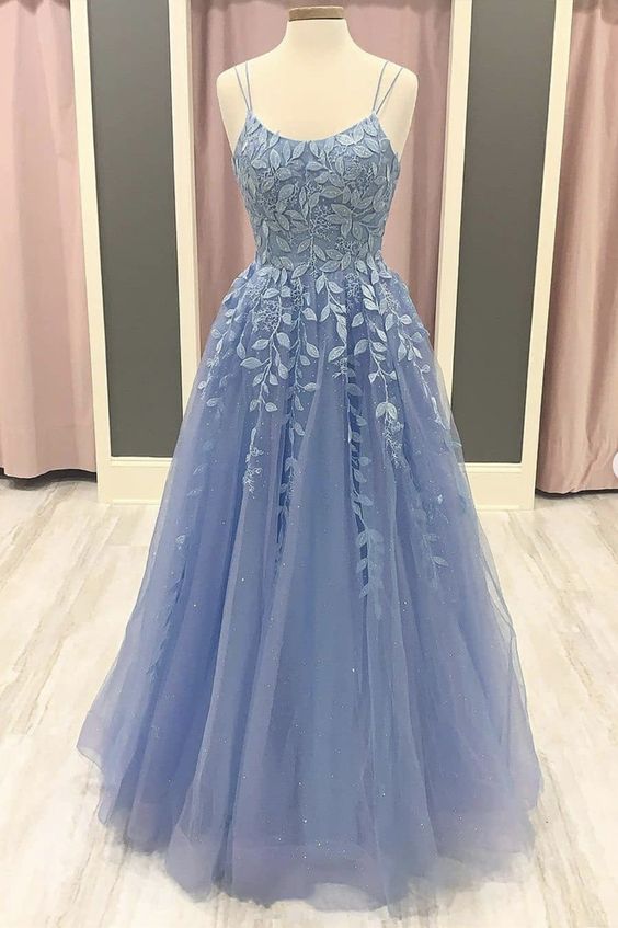 Blue Tulle Lace Applique Long Prom Dress Lace Formal Dress M3676 on Luulla