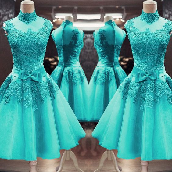 Vintage 1950s High Neck Swing Prom Dresses Short Lace Party
