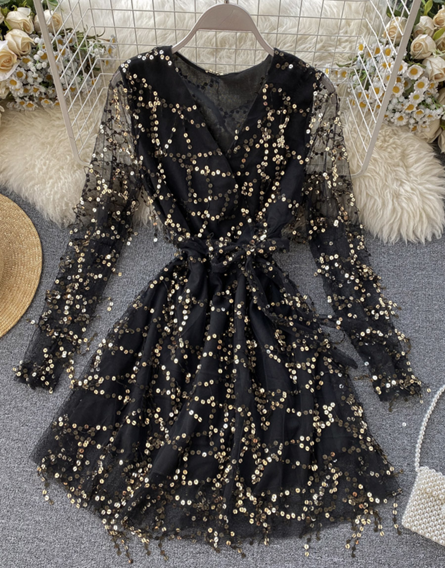 V-neck Sequins Top Tulle Skirt Long Dresses Silver main image 0