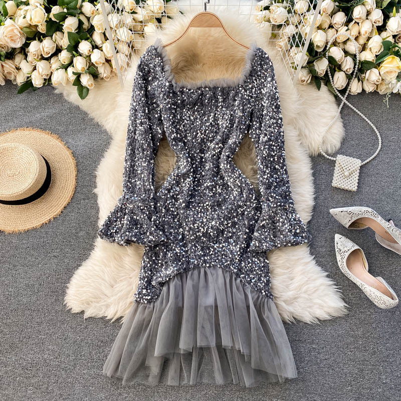 Birthday Party, Sparkly Little Dress Party Dress, Square Collar With ...