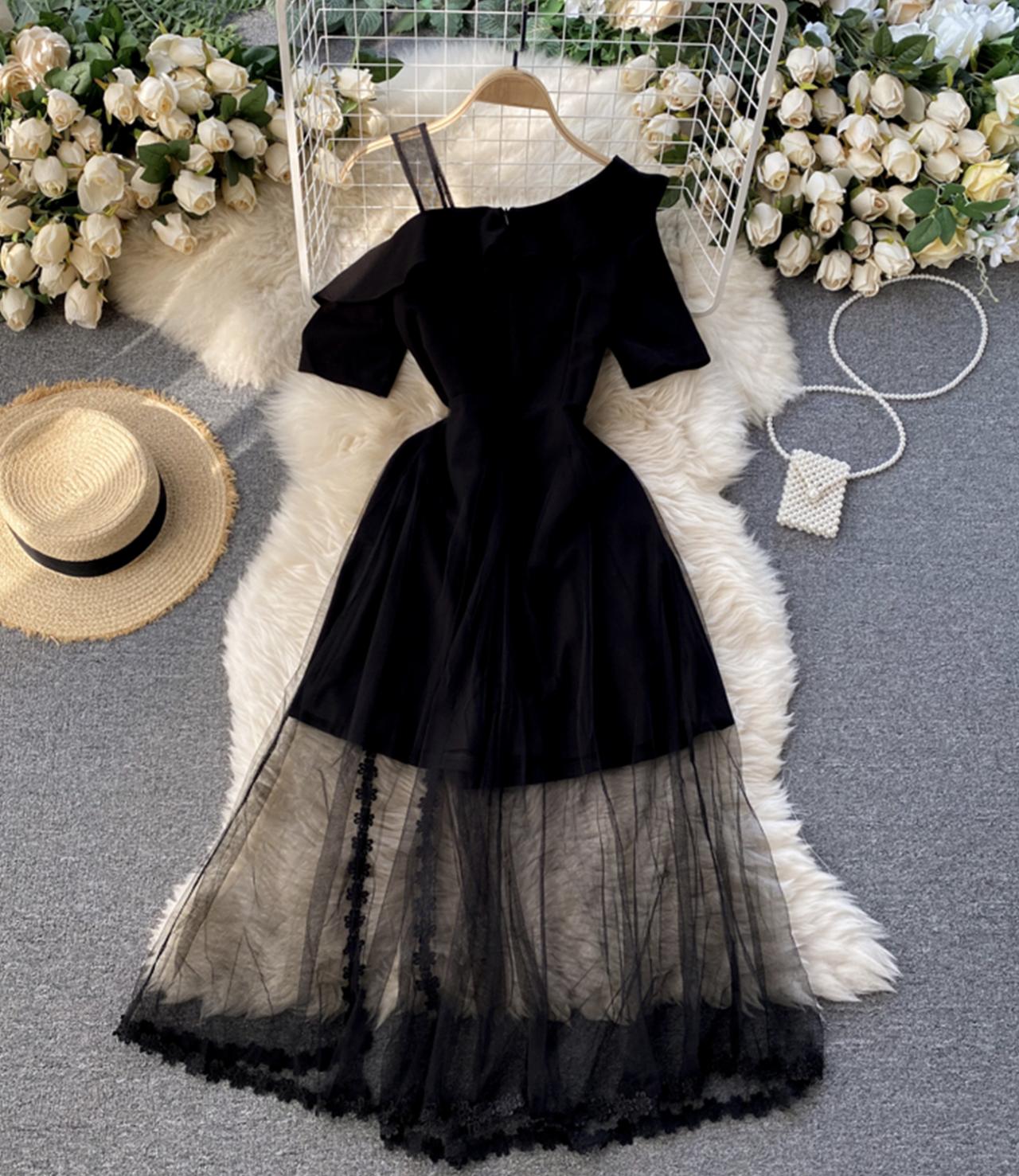 One Shoulder Short Dresses with Lace Bodice Black