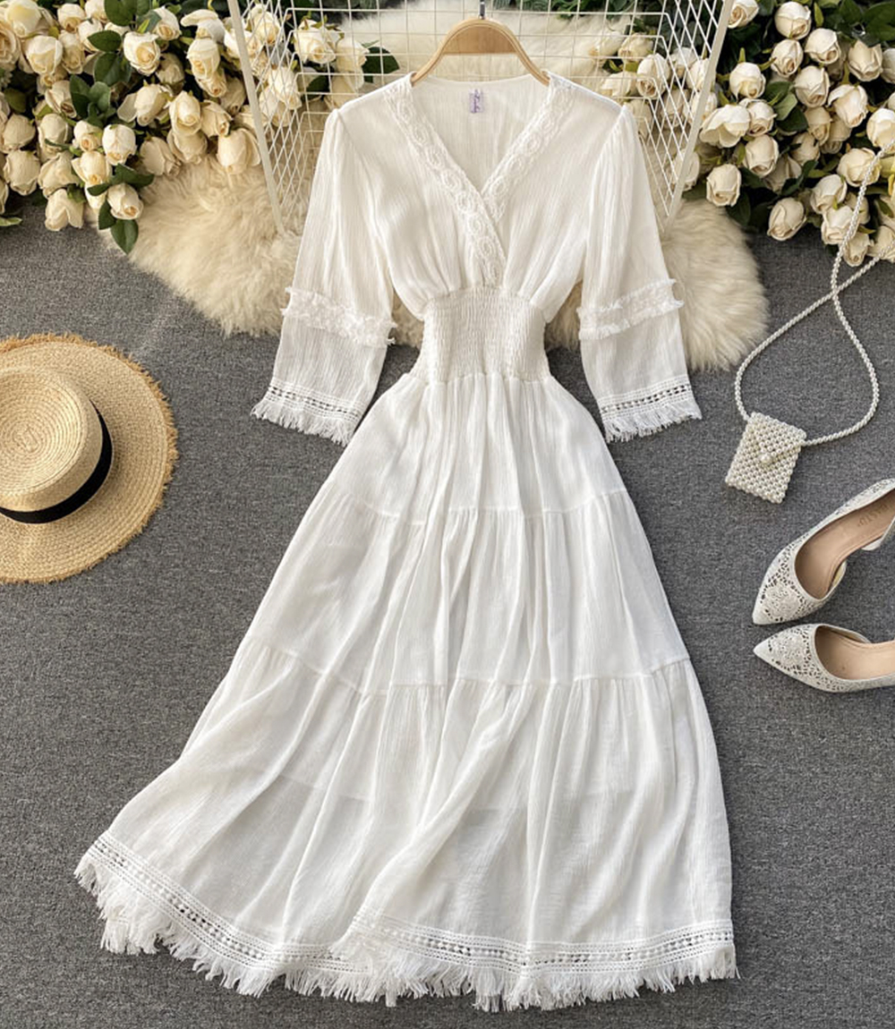 White A Line Lace Dress V Neck Dress on Luulla