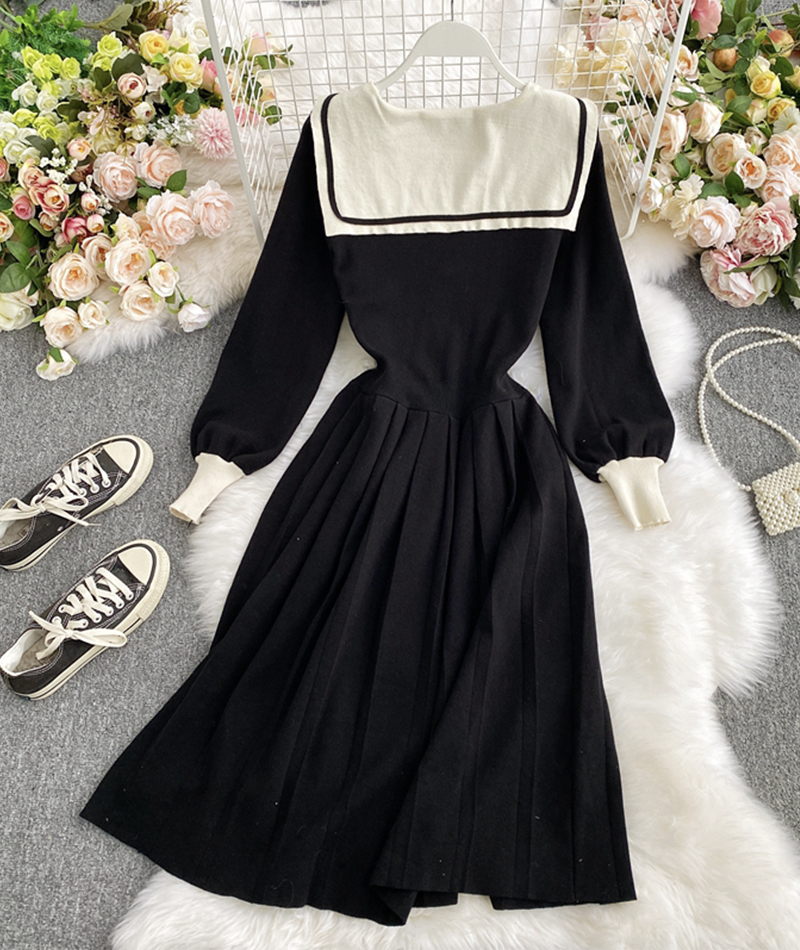 Black Navy Style Knitted Dress Long Sleeve Dress on Luulla