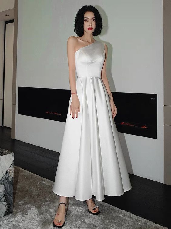 Weitese Dress One-Shoulder Scarf Satin Midi Dress Sleeveless Straight Tube Open Back Prom Dress