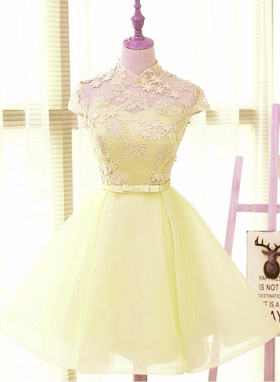 Light Yellow Organza Short Lace Cute Dress,yellow Short Prom