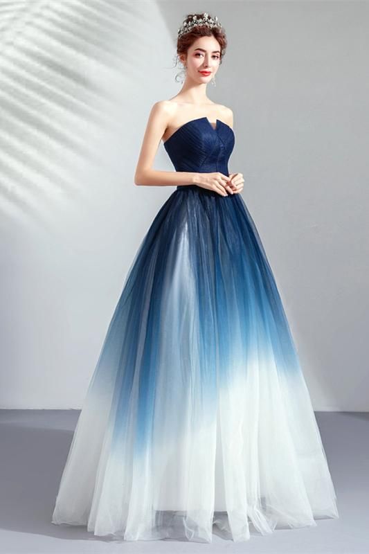 Strapless Gradiet Blue-white Prom Dresses, A-line Prom Dresses on Luulla