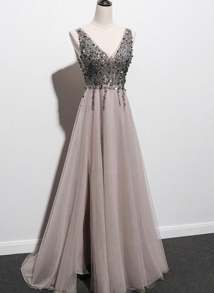 Stylish Tulle Slit V-neckline Beaded Long Party Dress, Tulle Prom Dress ...