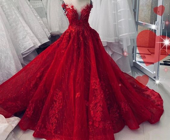 Sexy Red Sparkling Wedding Ball Gown Dress Chapel Train With Floral ...