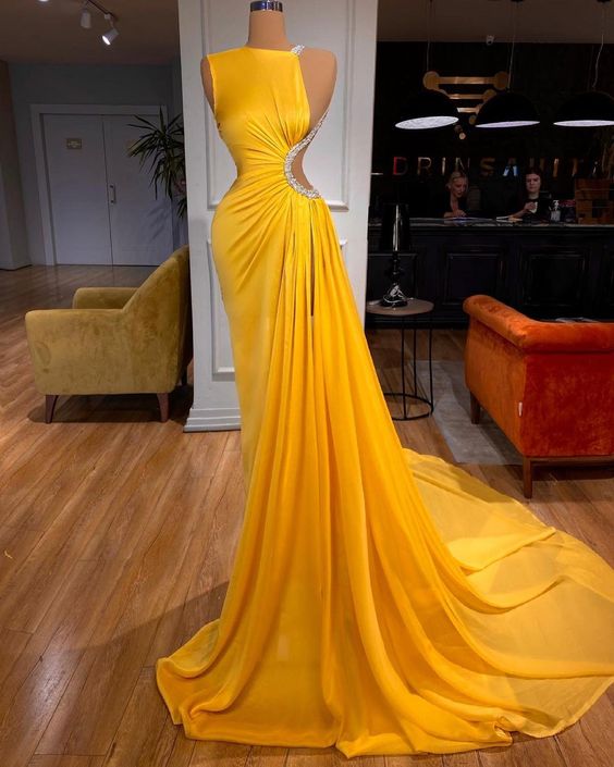 Yellow Satin Long Evening Dress Party Dress, Long Prom Dress on Luulla