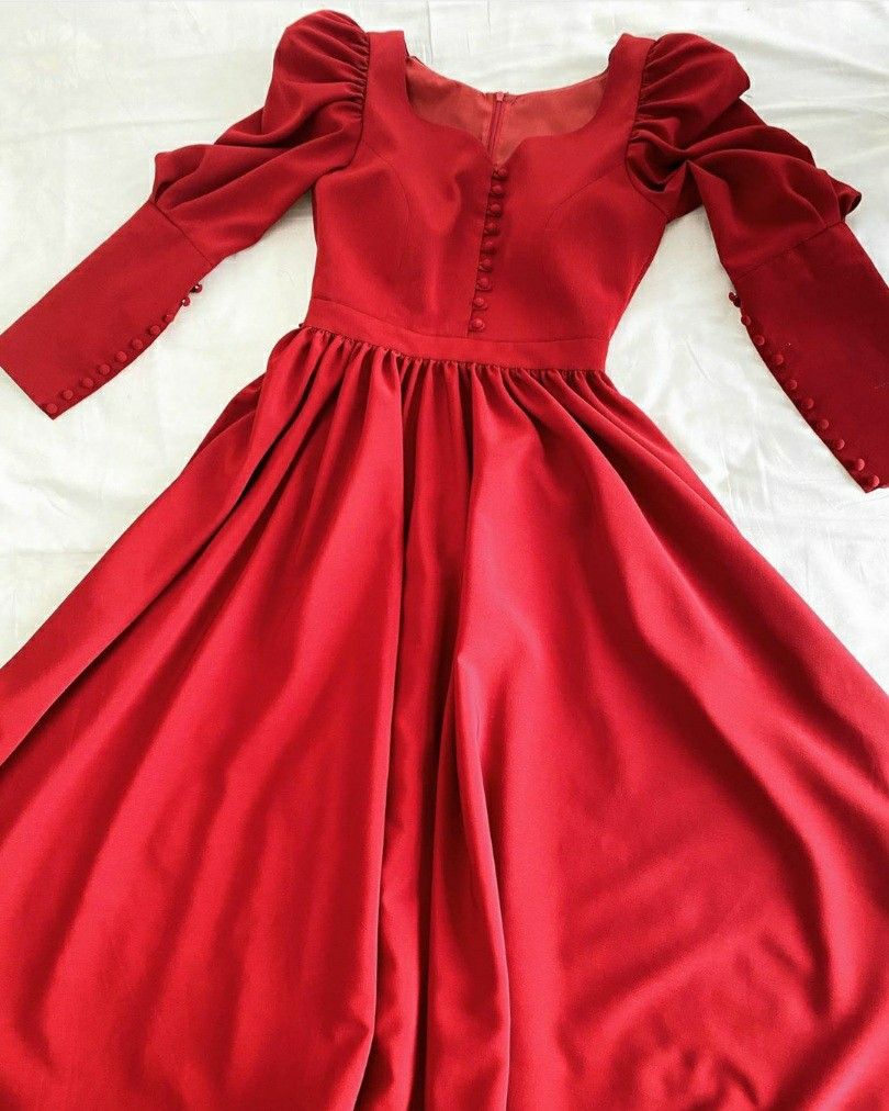 Red Prom Dress Long Sleeve Floor Length Evening Dress on Luulla