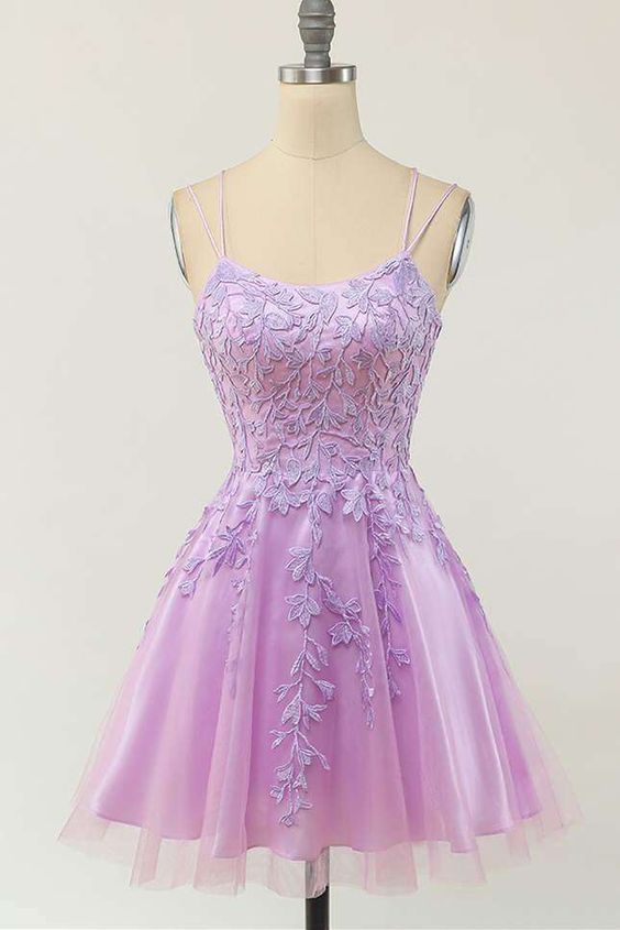 Light Purple Lace Appliques Short A-line Homecoming Dress on Luulla