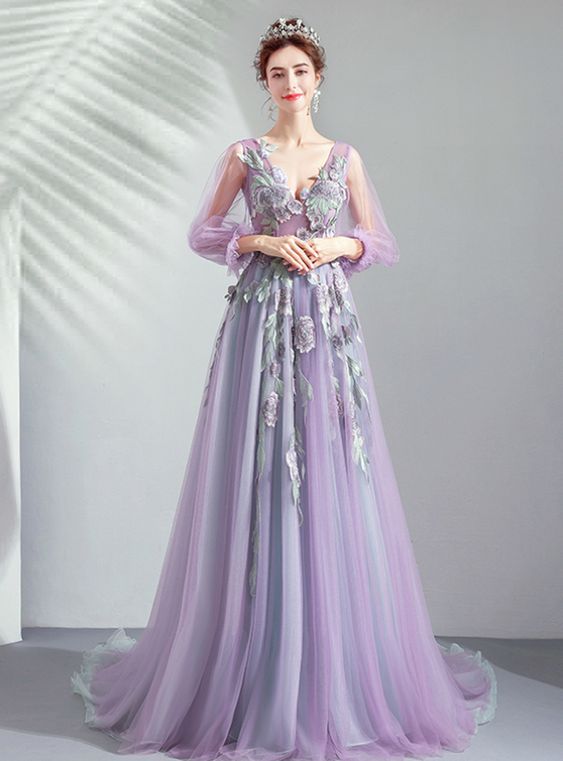 Purple V-neck Long Sleeve Appliuqes Prom Dress on Luulla