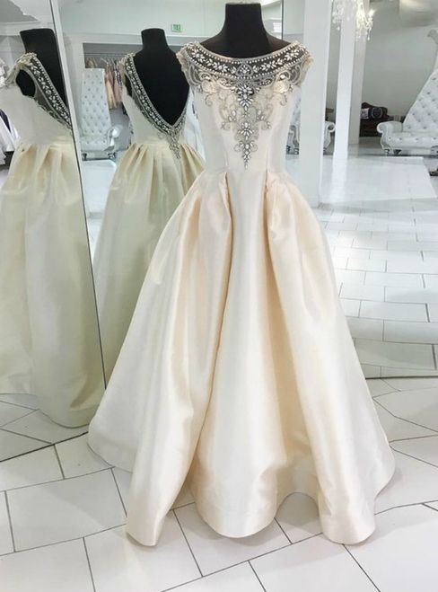 A Line Halter Backless Beadings Satin Prom Dress LBQ4302