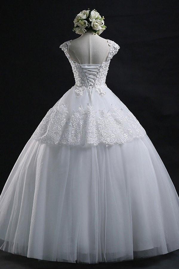 Long Sleeves Scoop Gold Applique Ball Gown Tulle Wedding Dress OW274 main image 0