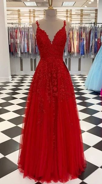 Red Appliques V-Neck A-Line Long Prom Dress