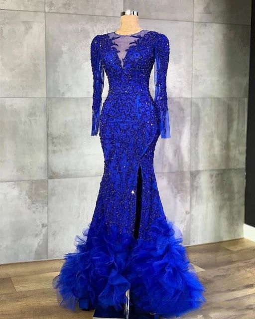 Arabic Aso Ebi Royal Blue Evening Dresses Luxurious Beaded Crystals ...