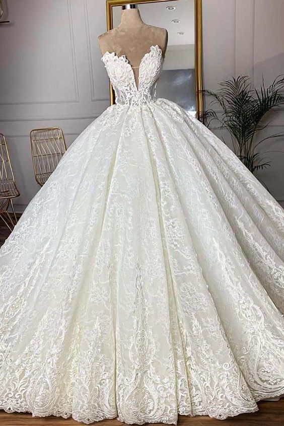 Ball Gown Wedding Dress Sweetheart Beaded Lace Appliques Bridal Dresses ...