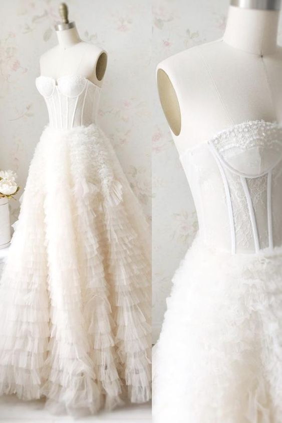 Simple champagne tulle long prom dress, Retract your waist evening dress main image 0