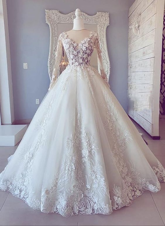White Lace Long Sleeve Ball Gown Dress Prom Dress on Luulla