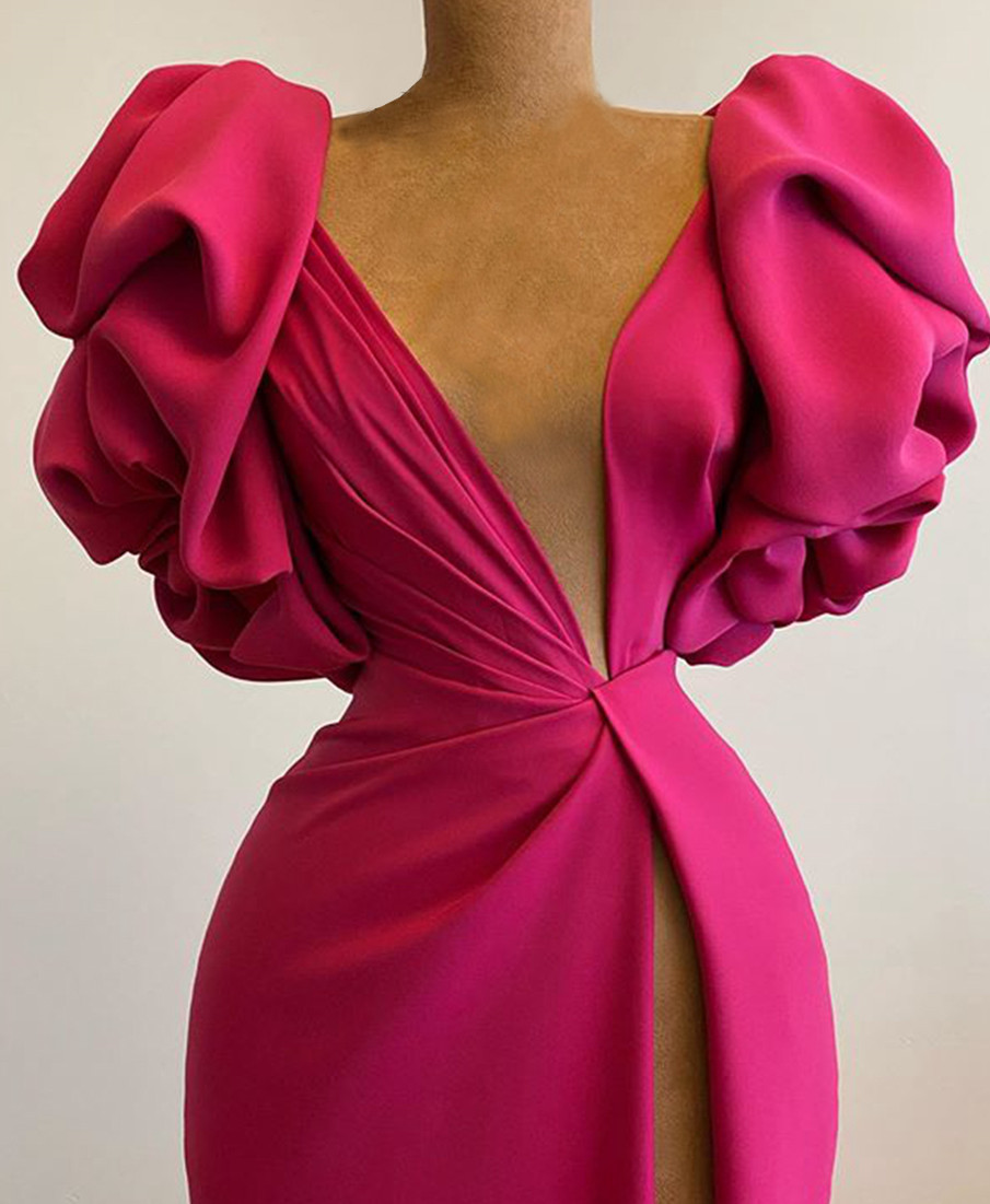 Trendy V-neck Ruffles Dark Fuchsia Prom Gown JTR011