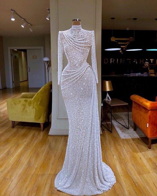 White Dreamy Gown with Sequin Embellishments - Designer Party Gown main image 1