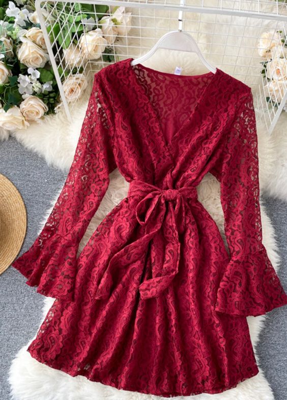 A Line V Neck Lace Short Dress on Luulla