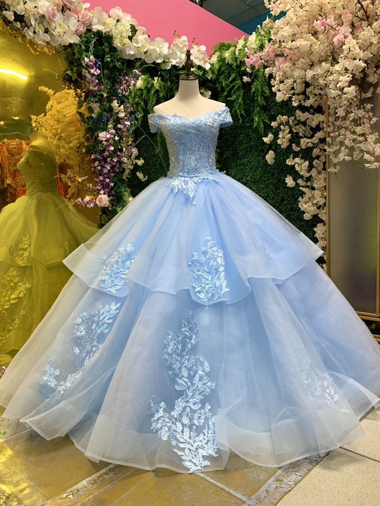 Light Blue Cinderella Princess Cut Off Shoulder Quinceanera Dress on Luulla